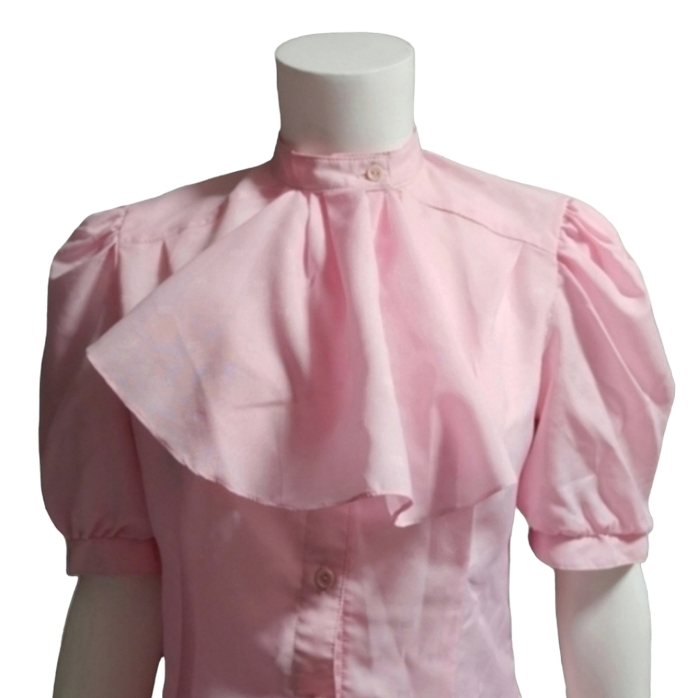 VINTAGE Y2K Bubblegum Pink Puffy Sleeve Blouse S Ruffle Punk Barbiecore Top - Picture 8 of 16